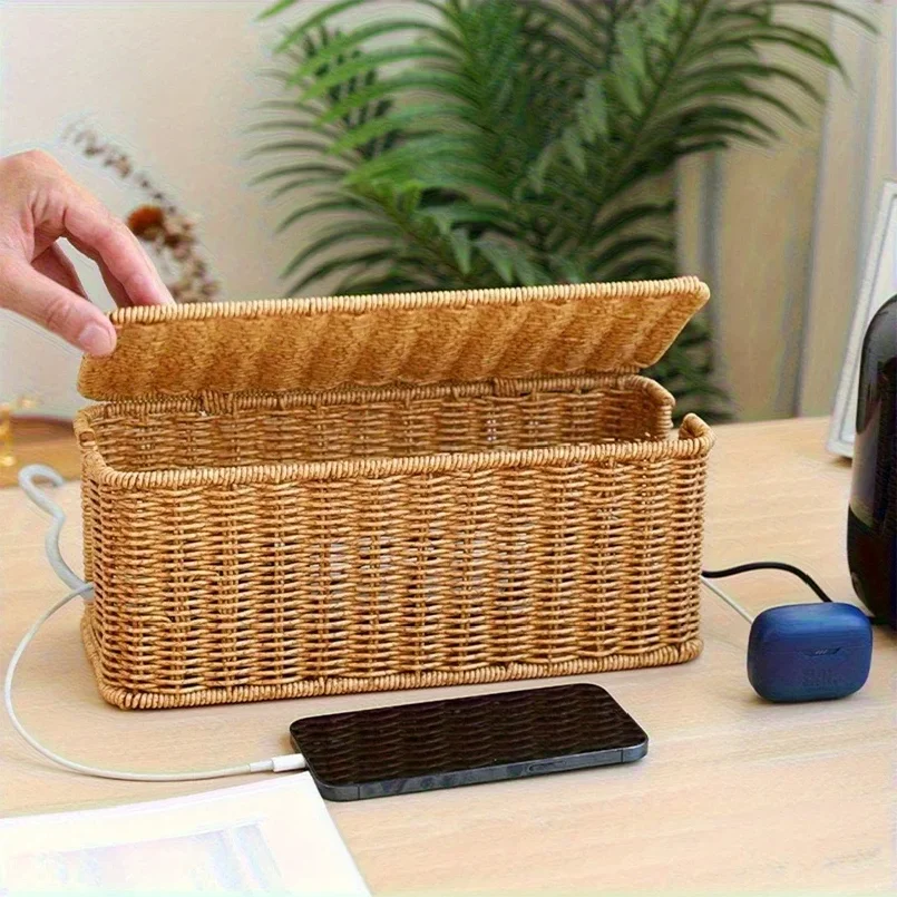 Hand-Woven Rattan Cable Organizer Box - Durable Imitation Vine Material, Multi-Compartment Storage for Power Cords, Data Cables thumbnail 6