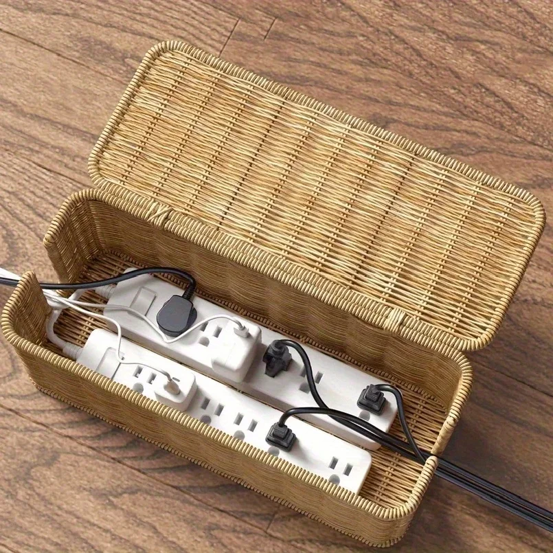 Hand-Woven Rattan Cable Organizer Box - Durable Imitation Vine Material, Multi-Compartment Storage for Power Cords, Data Cables thumbnail 3