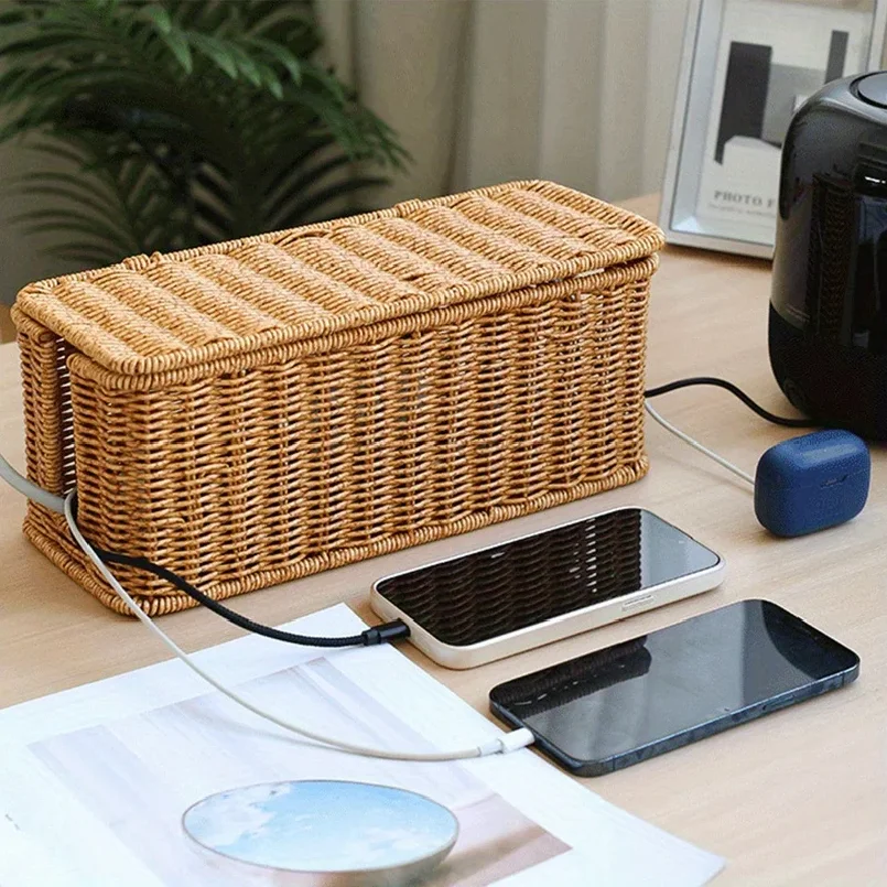Hand-Woven Rattan Cable Organizer Box - Durable Imitation Vine Material, Multi-Compartment Storage for Power Cords, Data Cables thumbnail 2