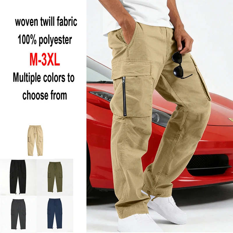 Men's Polyester Woven Cargo Pants Multi Pocket Straight Leg Drawstring Waist Outdoor Workwear Casual Durable Trousers thumbnail 6