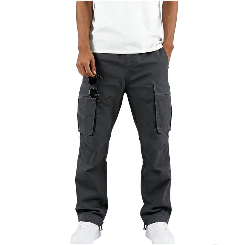 Men's Polyester Woven Cargo Pants Multi Pocket Straight Leg Drawstring Waist Outdoor Workwear Casual Durable Trousers thumbnail 2