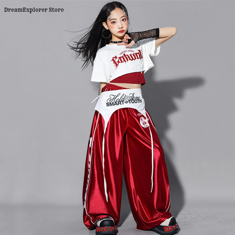 Girls K-pop Crop Top Shiny Joggers Pants Children Streetwear Girl Group Costume Kids Teen Hip Hop Jazz Street Dance Clothes Sets thumbnail 5
