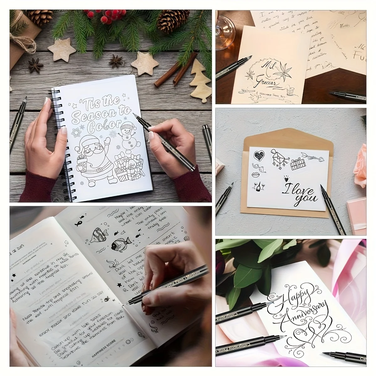 5pcs Multifunctional Black Marker Pen with Multiple Nib Models, Ink can be added, Suitable for Detailed Writing Outlining thumbnail 6