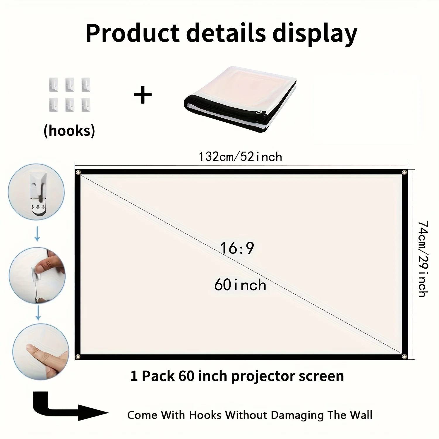 60-inch Portable Projector Screen, 4K HD, Anti-Wrinkle, Foldable, 16:9 for Home Cinema/Laptop/Game/Office/Party thumbnail 2
