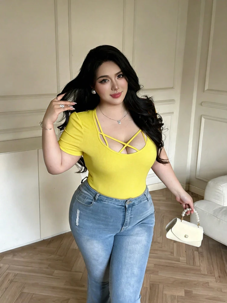 Plus Size, Fashion, Spring/Summer, Tie-front, Sexy, Seductive Style, T-shirt, Fitted, Slimming, Seductive Style thumbnail 4