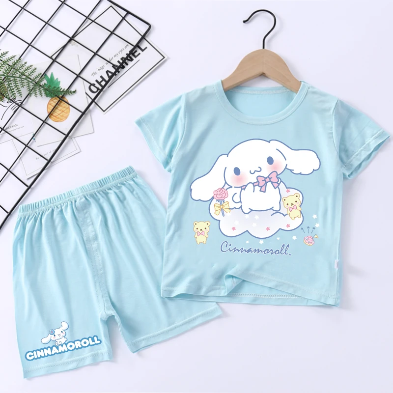 Sanrio Child Pajama Sets Cinnamoroll Cartoon Print Short Two Piece Suit Boys Girls Summer Casual Housewear Kawaii Kids Clothing