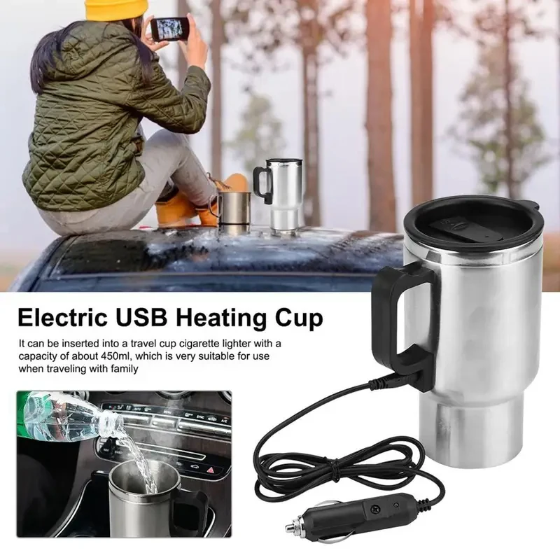 Car Electric Heating Cup 12V Stainless Steel Thermos 450ml USB Heated Mug For Outdoor Travel Camping Coffee Tea Warm Accssories thumbnail 4