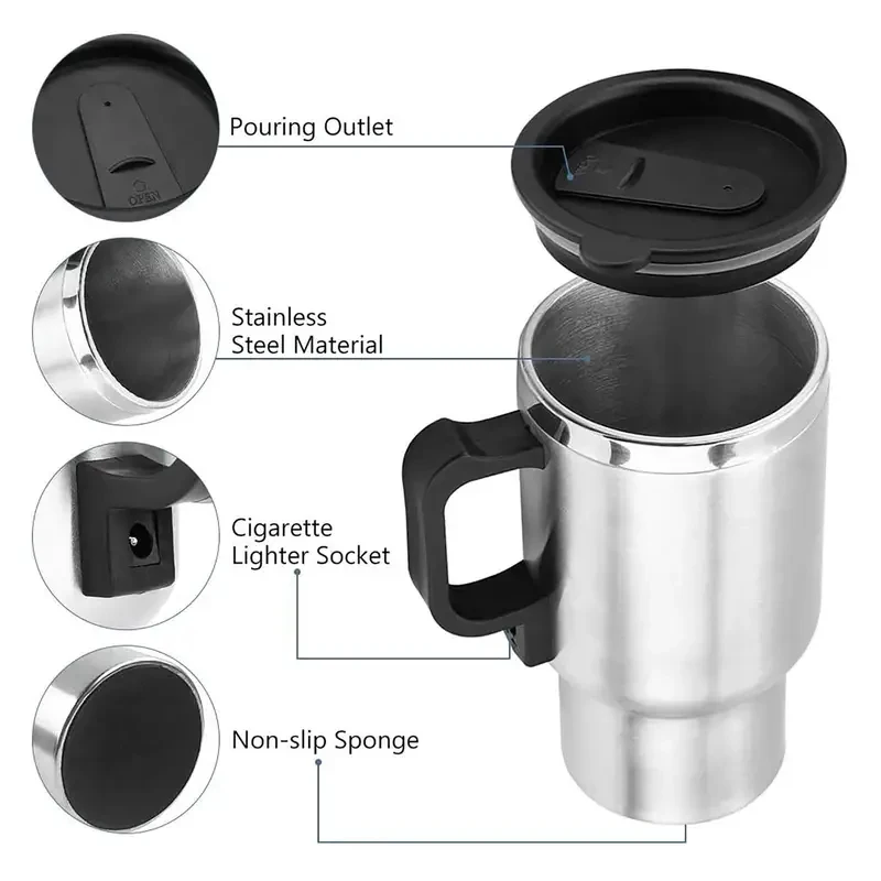 Car Electric Heating Cup 12V Stainless Steel Thermos 450ml USB Heated Mug For Outdoor Travel Camping Coffee Tea Warm Accssories thumbnail 5