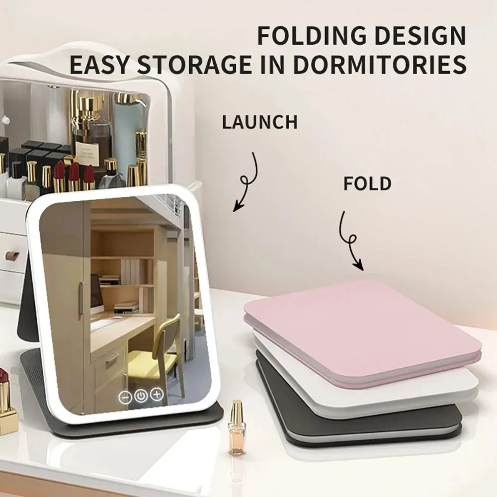 USB Rechargeable Vanity Mirror with Touch Screen, 3 Color LED Lights & Dimming, Portable Folding Makeup Mirror for Home & Travel thumbnail 3