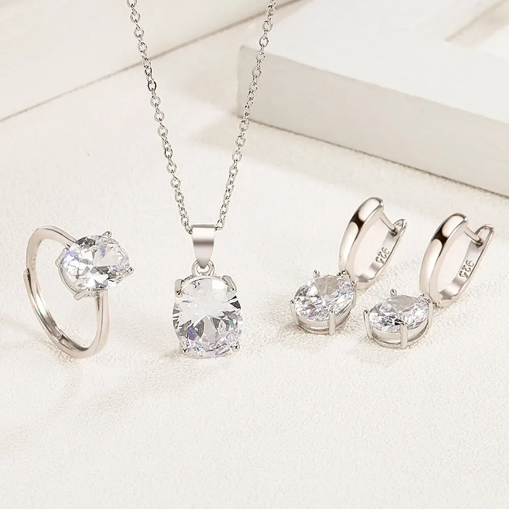 925 Sterling Silver Jewelry Sets For Women Ellipse Zircon Ring Necklace Earrings Luxury Accessories Offers thumbnail 4