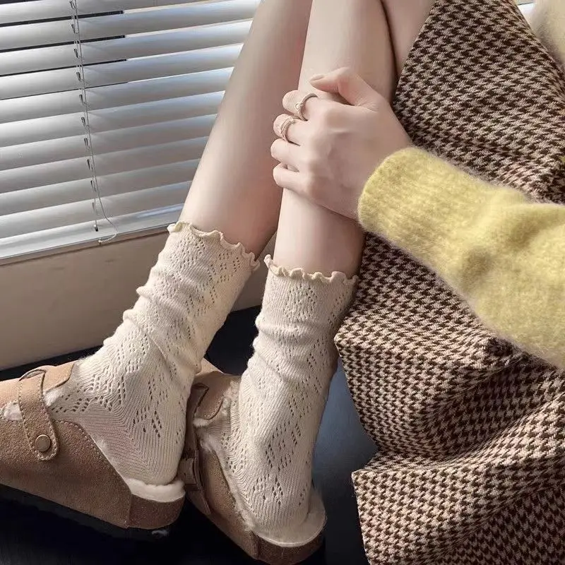 6 Pairs/lot Women's Mid-Tube Socks Hollow-Out Mesh with Flounce Trim Breathable Slouch Trendy and Versatile for Instagram Style thumbnail 2