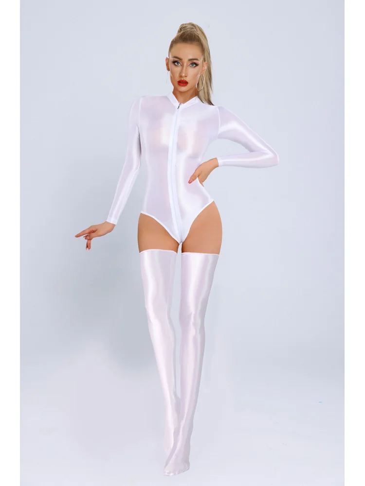 New Glossy Shiny Long Sleeve Swimsuit Zipper Crotch Bodysuit Tights Body Teddies Sukumizu High Elastic Leotard Unitard Tshirt thumbnail 2