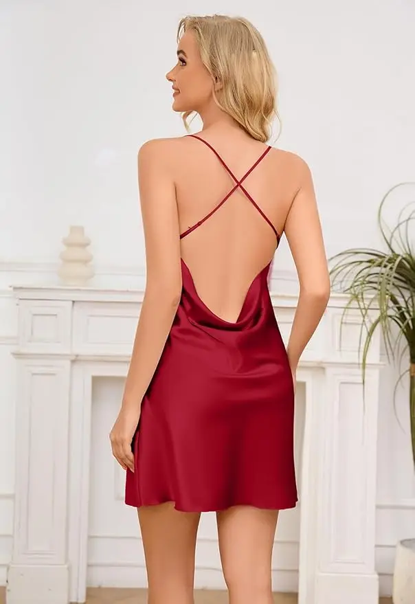Neck Stain Cami Nightdress Comfort Backless Spaghetti Strap Pajama Dress Women's Lingerie Sleepwear thumbnail 2