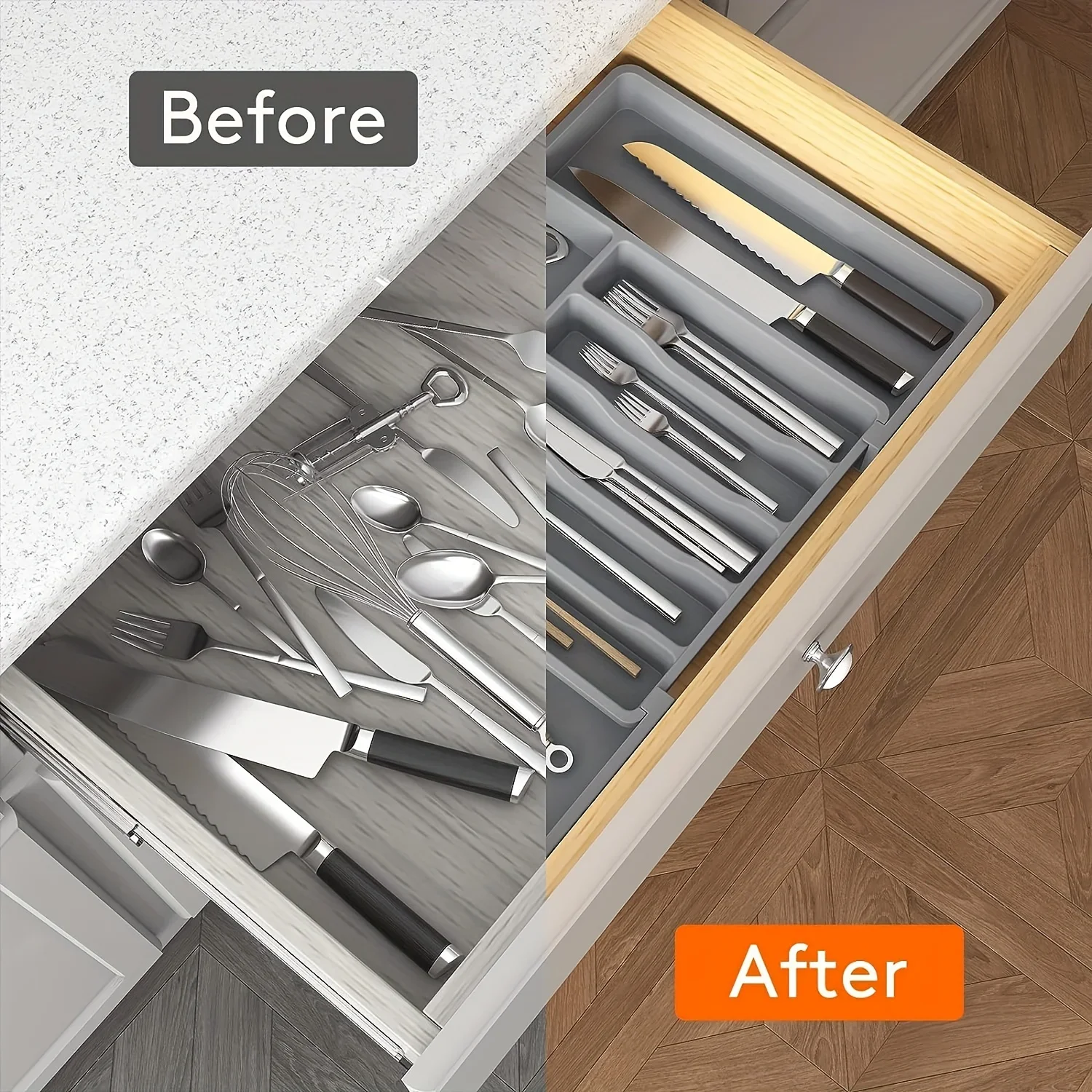 Silverware Drawer Organizer, Adjustable Expandable Utensil Tray, Plastic Cutlery Storage for Flatware, Knives, Spoons, Gadgets thumbnail 5