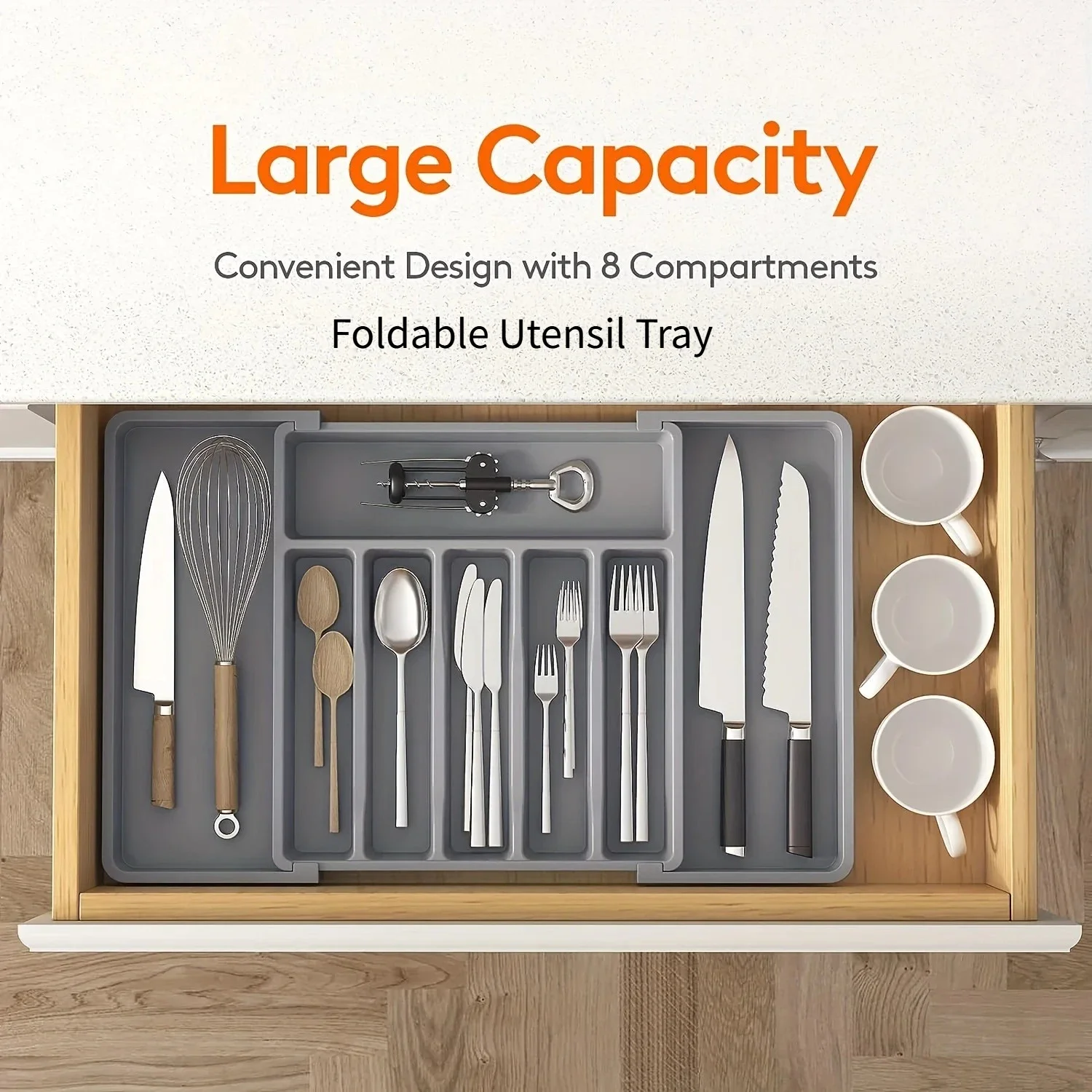 Silverware Drawer Organizer, Adjustable Expandable Utensil Tray, Plastic Cutlery Storage for Flatware, Knives, Spoons, Gadgets thumbnail 2