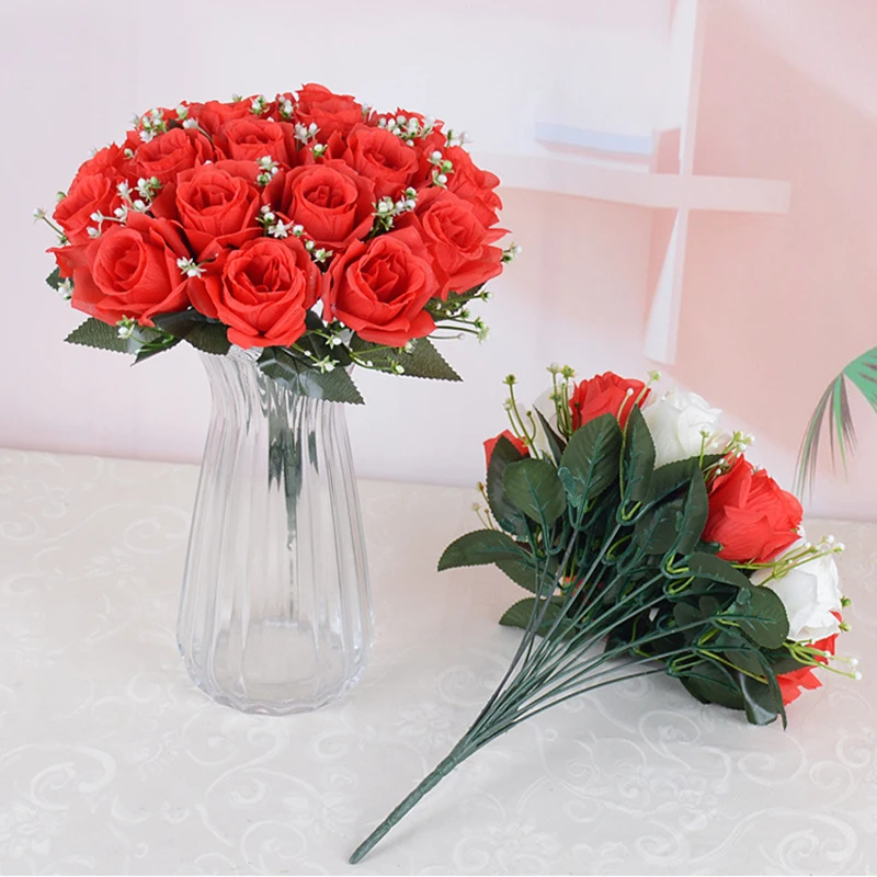 18 Heads Silk Rose Artificial Flowers Fake Bouquet Home Party Table Decoration Yellow Red Pink Rose Bride Wedding Flower thumbnail 5
