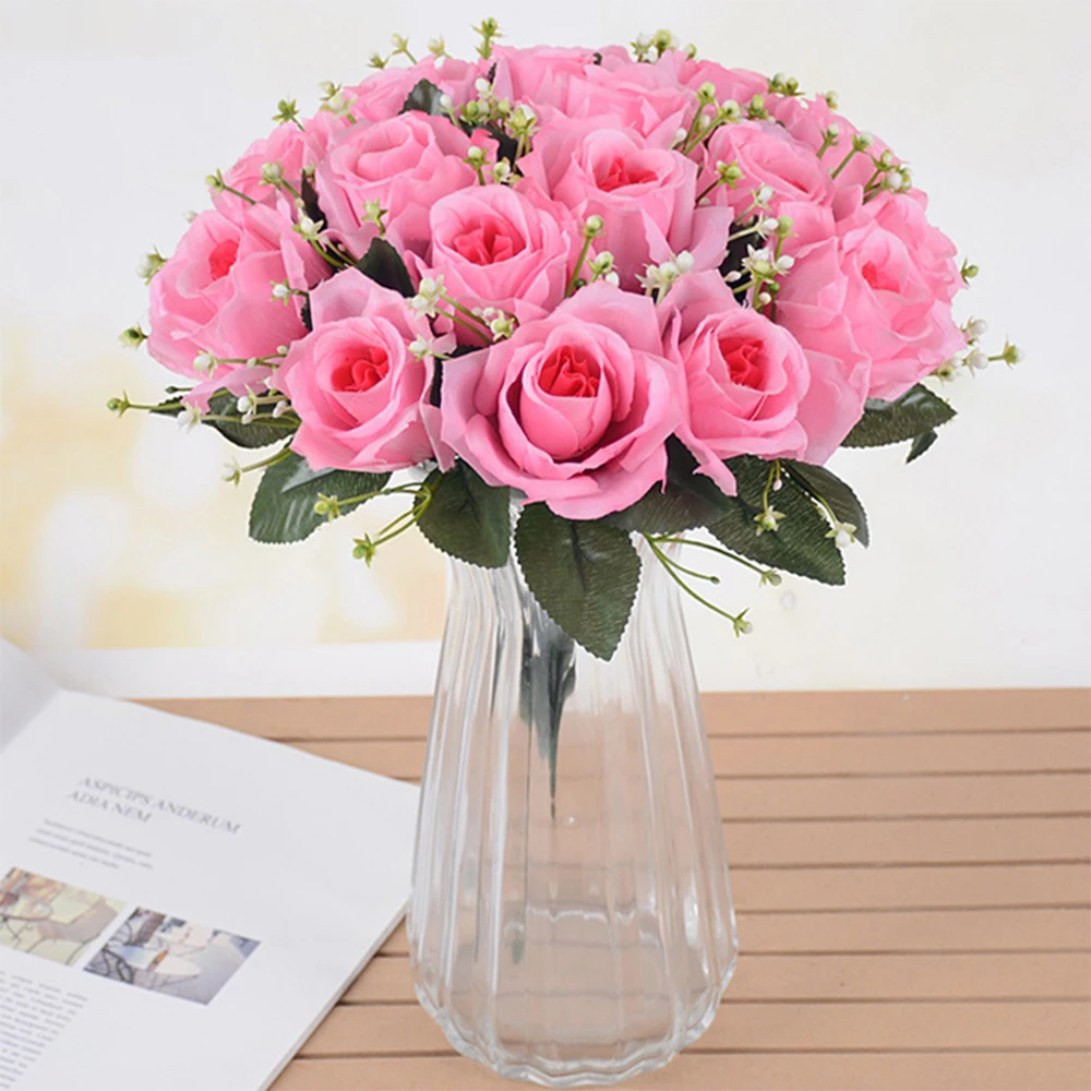 18 Heads Silk Rose Artificial Flowers Fake Bouquet Home Party Table Decoration Yellow Red Pink Rose Bride Wedding Flower thumbnail 2