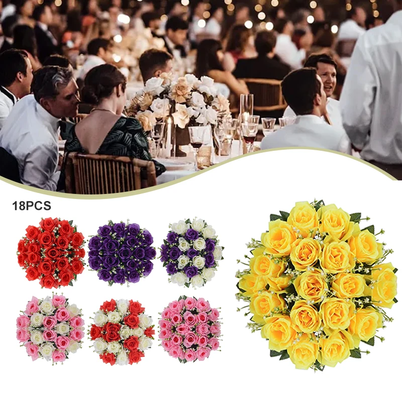 18 Heads Silk Rose Artificial Flowers Fake Bouquet Home Party Table Decoration Yellow Red Pink Rose Bride Wedding Flower thumbnail 6