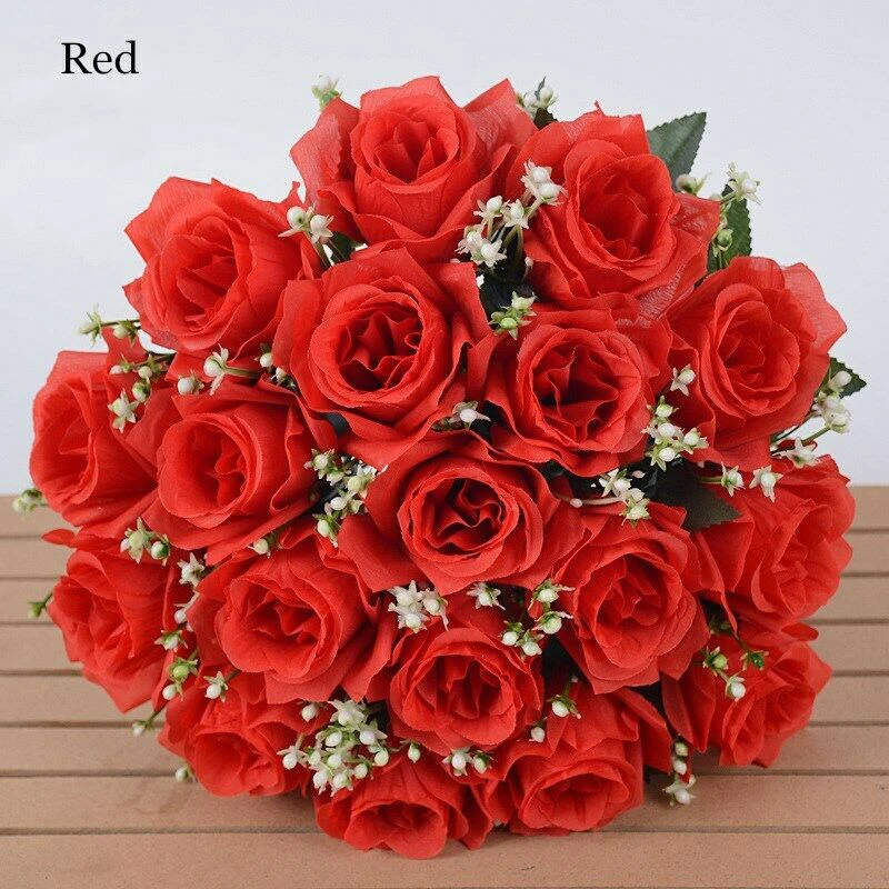 18 Heads Silk Rose Artificial Flowers Fake Bouquet Home Party Table Decoration Yellow Red Pink Rose Bride Wedding Flower thumbnail 4