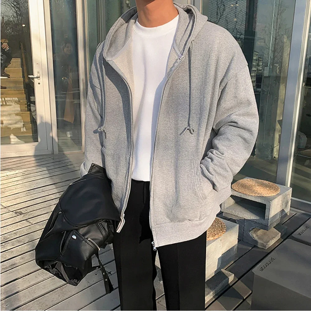 High Street Hoodie Men Solid Color Zip Up Long Sleeve Loose Jacket Coats Casual Hooded Sweatshirt Y2K Fashion Outdoor Clothes thumbnail 3
