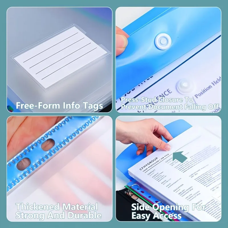 6Pcs A4 Plastic Envelopes with Snap Buttons, 11-Hole Expanding File Folders for 2/3/4 Ring Binders, School & Office Supplies thumbnail 4