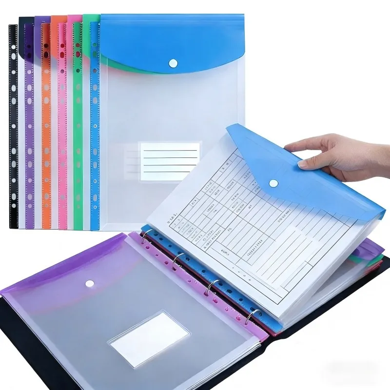6Pcs A4 Plastic Envelopes with Snap Buttons, 11-Hole Expanding File Folders for 2/3/4 Ring Binders, School & Office Supplies thumbnail 6