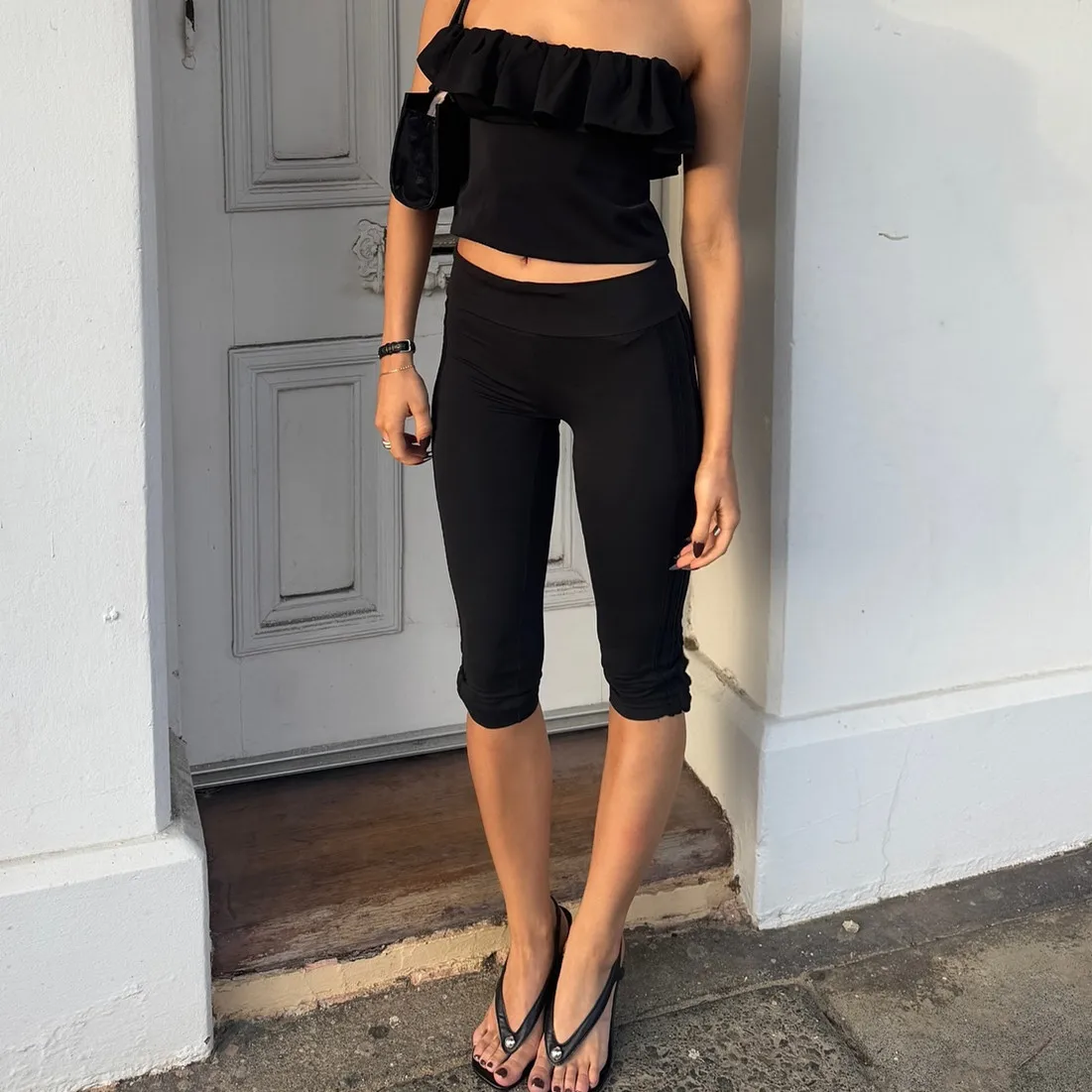 Low Rise Split Hem 3/4 Length Skinny Pants Women Solid Fold Over Waistband Capri Leggings Casual Summer Streetwear Yoga Pants thumbnail 6