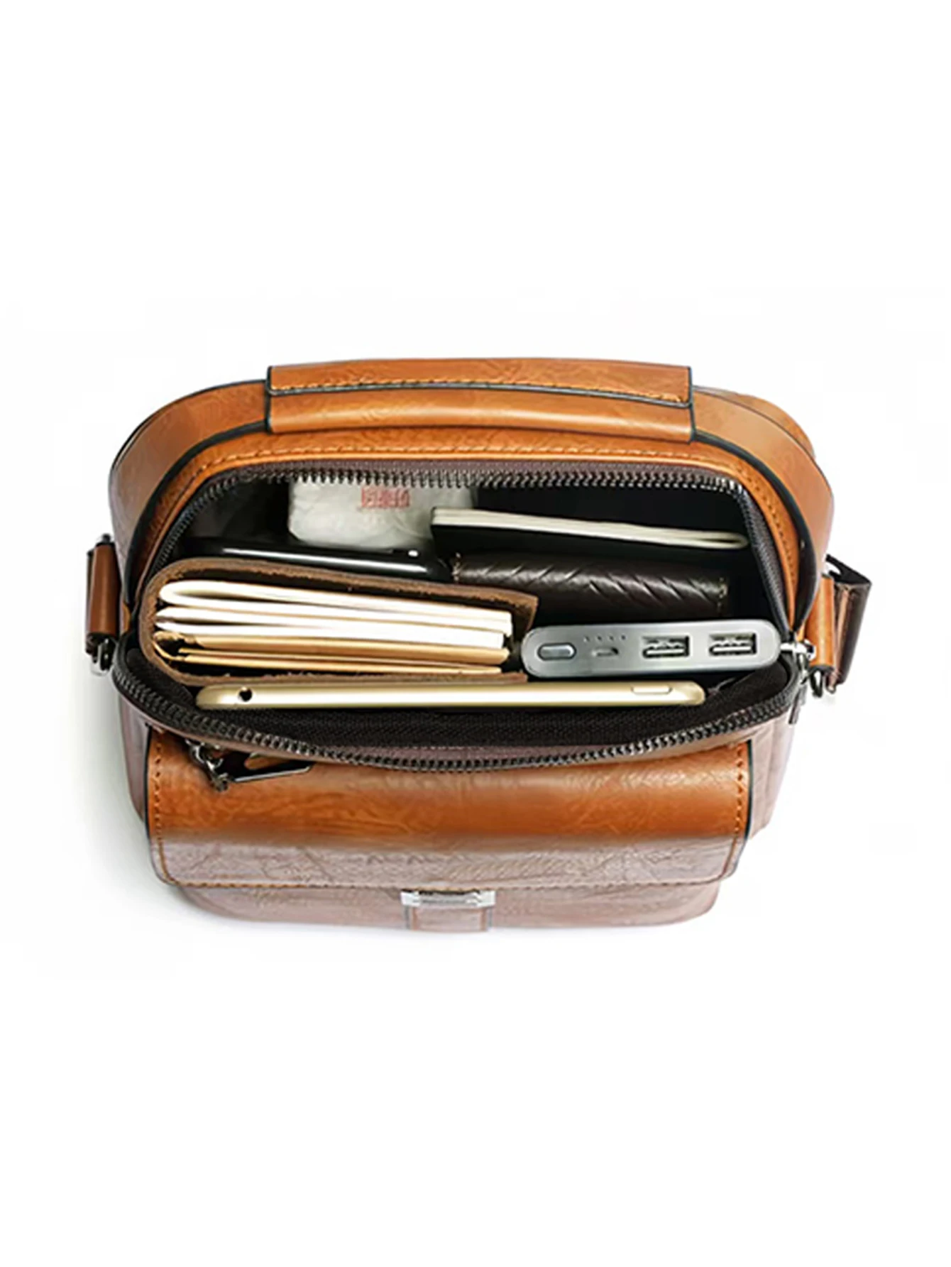 Men Multifunctional Leather Shoulder Bag Multi Pocket Crossbody Messenger Bag Business Travel Handbag with Top Handle Black thumbnail 4
