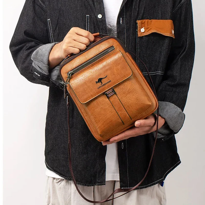 Men Multifunctional Leather Shoulder Bag Multi Pocket Crossbody Messenger Bag Business Travel Handbag with Top Handle Black thumbnail 6