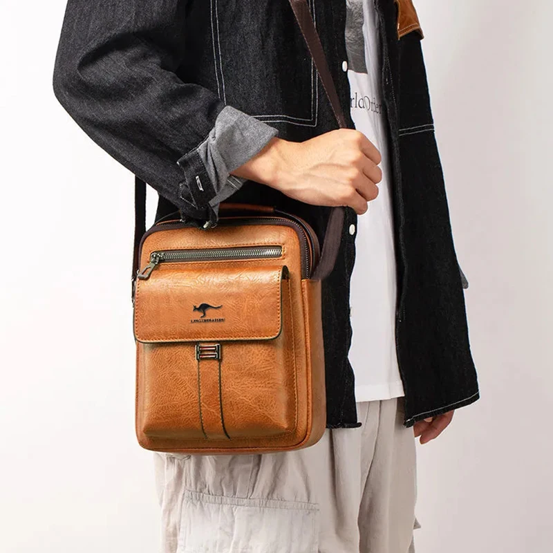 Men Multifunctional Leather Shoulder Bag Multi Pocket Crossbody Messenger Bag Business Travel Handbag with Top Handle Black thumbnail 5