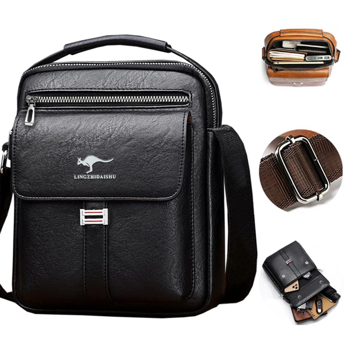 Men Multifunctional Leather Shoulder Bag Multi Pocket Crossbody Messenger Bag Business Travel Handbag with Top Handle Black thumbnail 2
