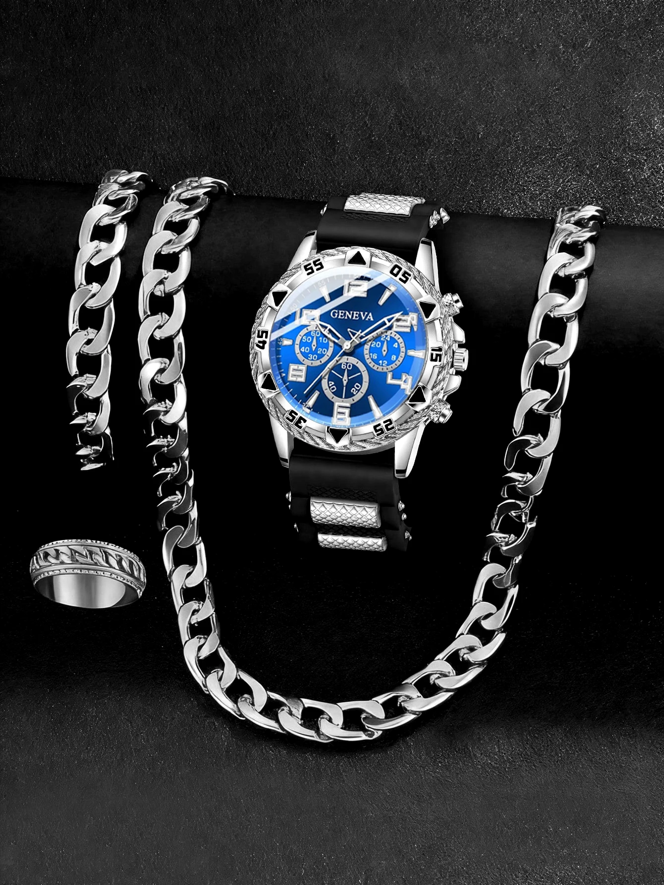 Casual Fashion Men's Quartz Watch And Chain Ring Set Birthday Gift Daily Wear Stylish Accessory Combo thumbnail 4