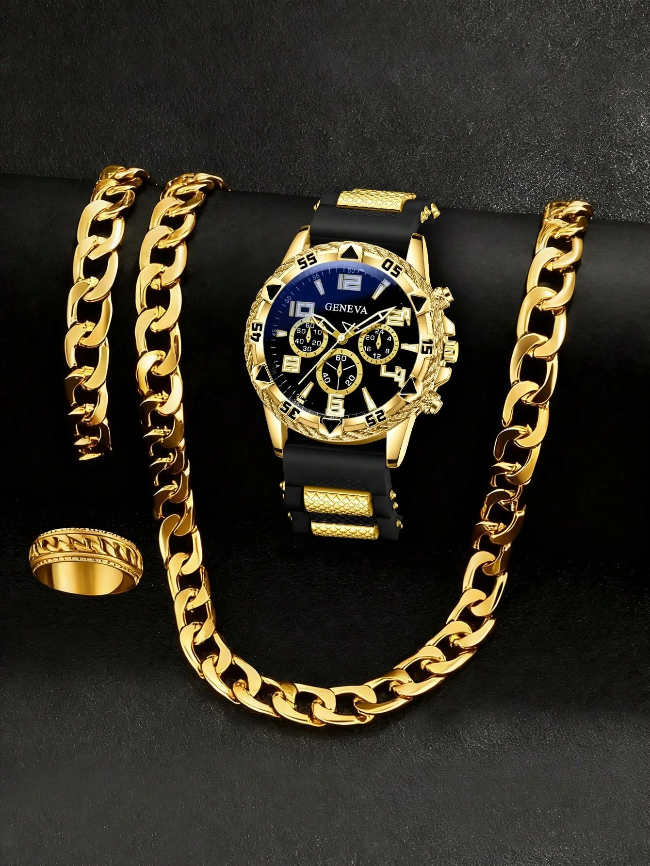 Casual Fashion Men's Quartz Watch And Chain Ring Set Birthday Gift Daily Wear Stylish Accessory Combo