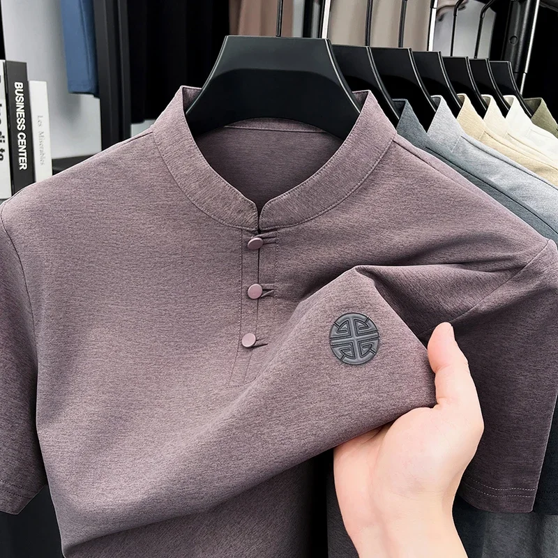 Men's Mandarin Collar Short Sleeve T-Shirt Casual Chinese Style Button Henley Shirt thumbnail 6