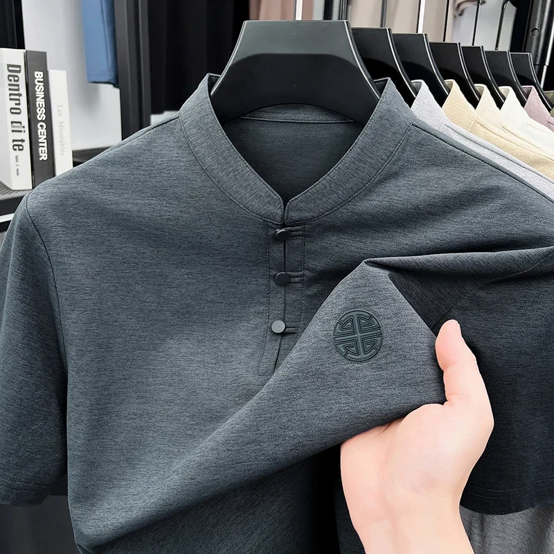 Men's Mandarin Collar Short Sleeve T-Shirt Casual Chinese Style Button Henley Shirt thumbnail 3