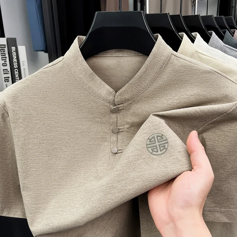 Men's Mandarin Collar Short Sleeve T-Shirt Casual Chinese Style Button Henley Shirt thumbnail 4