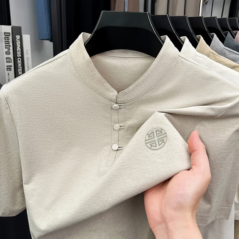 Men's Mandarin Collar Short Sleeve T-Shirt Casual Chinese Style Button Henley Shirt thumbnail 2