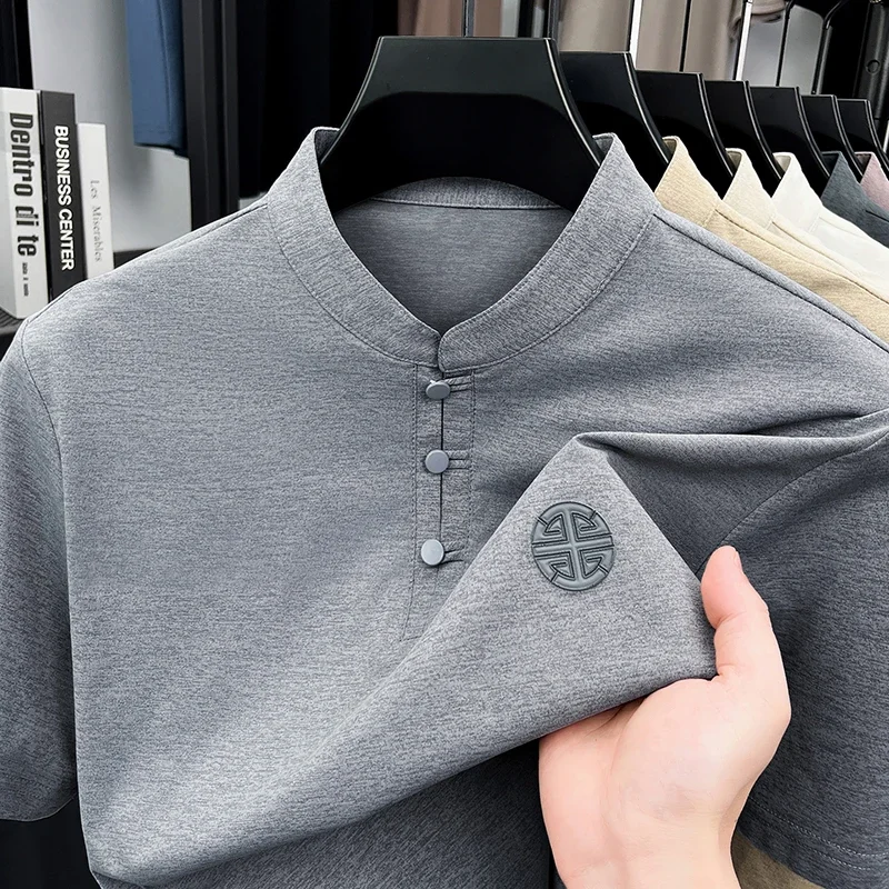 Men's Mandarin Collar Short Sleeve T-Shirt Casual Chinese Style Button Henley Shirt thumbnail 5