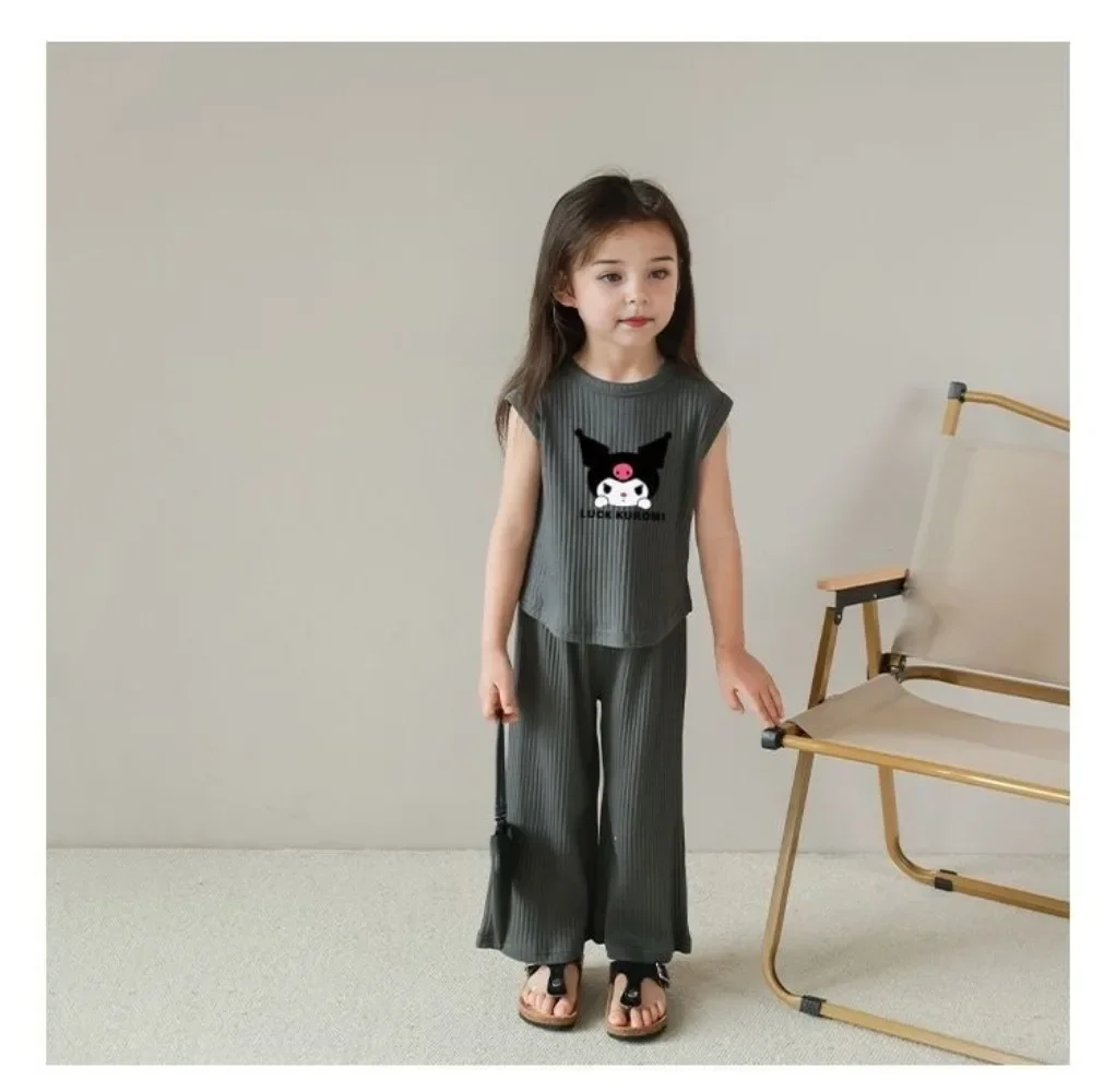 2026 Summer Kuromi Anime Kawaii Baby Ice Silk Sleeveless Vest Top Pants Two Sets Cute Cartoon Children Clothes Gifts for Kids thumbnail 5