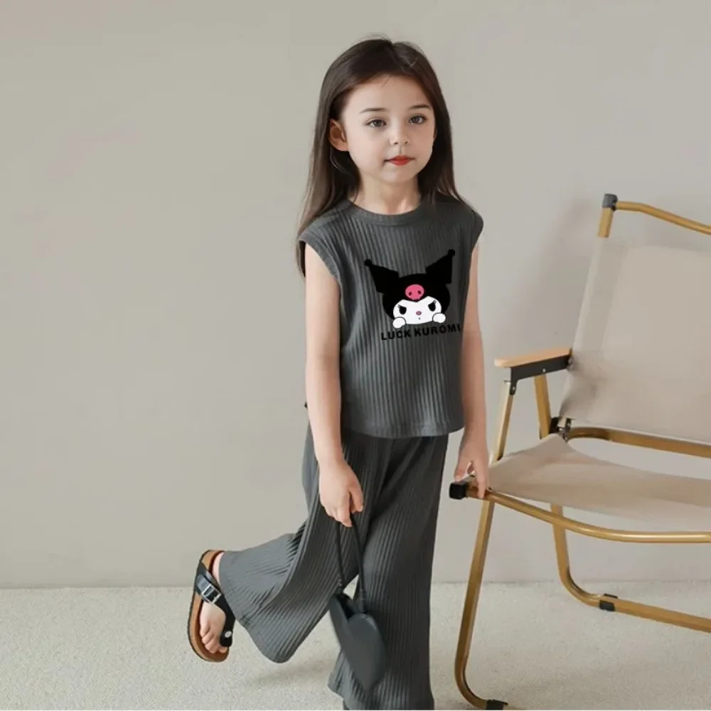 2026 Summer Kuromi Anime Kawaii Baby Ice Silk Sleeveless Vest Top Pants Two Sets Cute Cartoon Children Clothes Gifts for Kids thumbnail 2