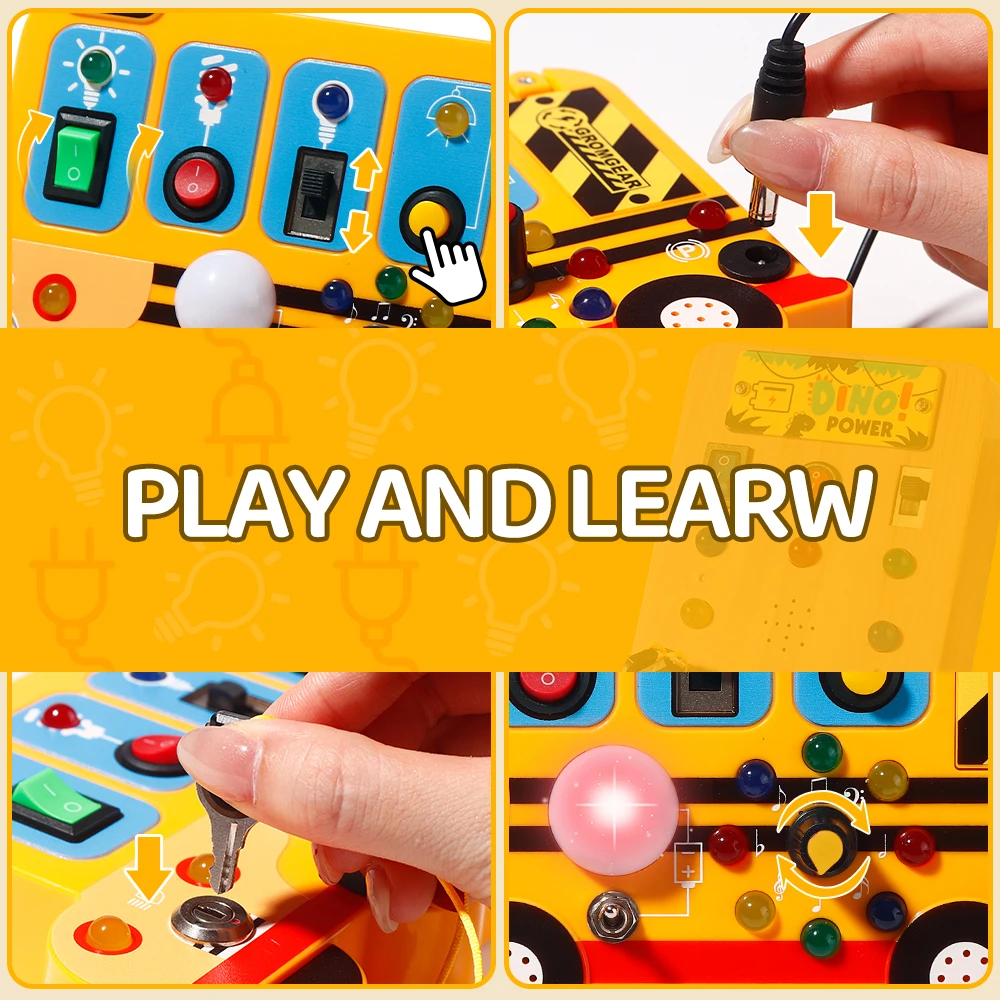 This interactive, school-bus-themed busy board learning toy features LED lights, switches, and realistic engine sound effects. thumbnail 6