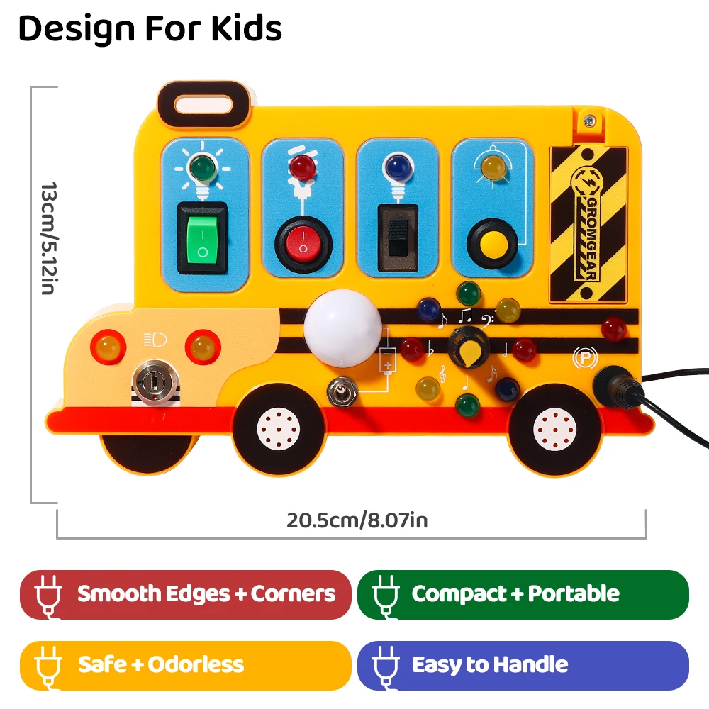 This interactive, school-bus-themed busy board learning toy features LED lights, switches, and realistic engine sound effects. thumbnail 4