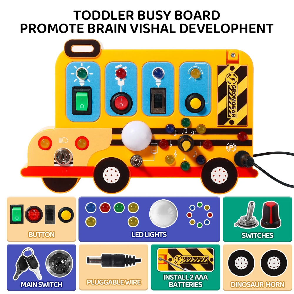 This interactive, school-bus-themed busy board learning toy features LED lights, switches, and realistic engine sound effects. thumbnail 5
