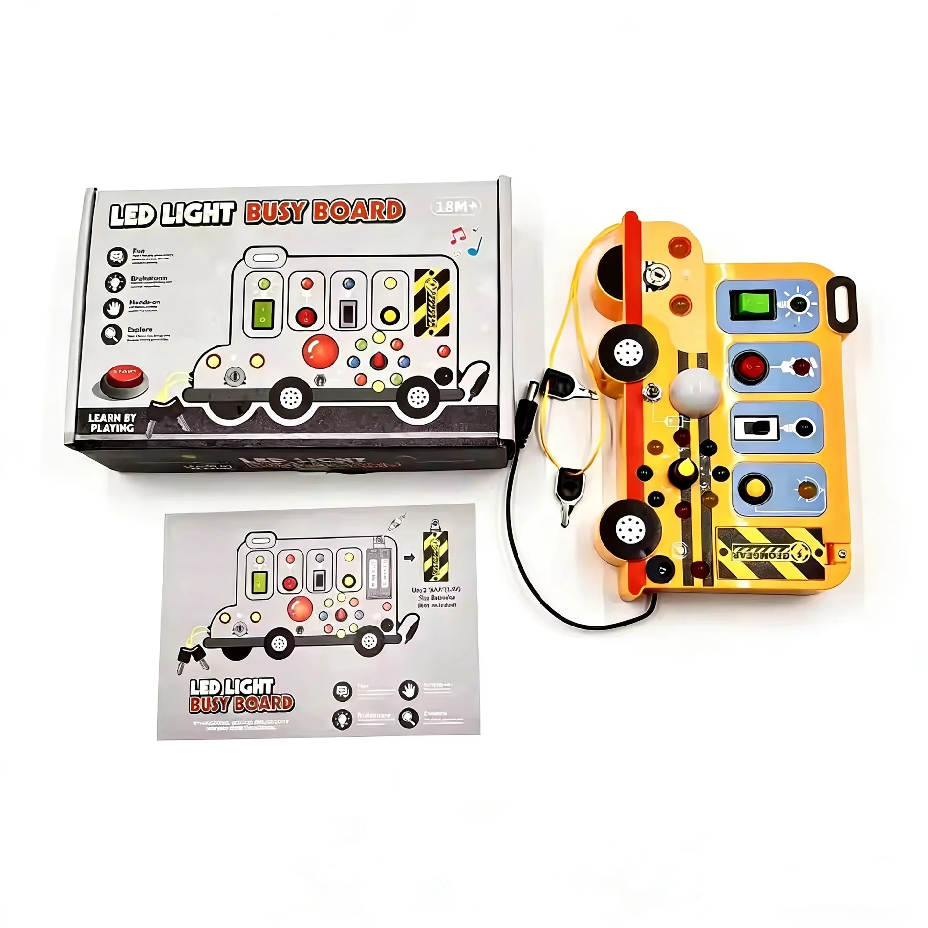 This interactive, school-bus-themed busy board learning toy features LED lights, switches, and realistic engine sound effects. thumbnail 3