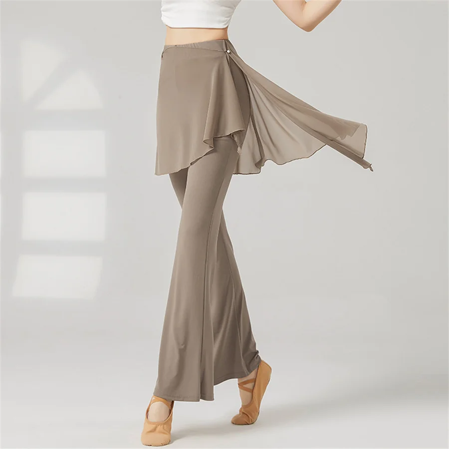 Women's Modern Dance Flare Pants Mesh Hip Cover Dance Practice Pants Breathable Skin Friendly Classical Dance Yoga Trousers