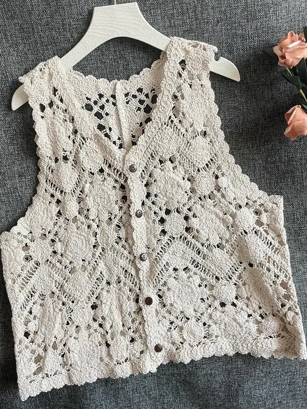 Embroidered Floral Crochet Vest for Women Hollow-out Open Knit Sleeveless Cardigan Boho Summer Festival Outfit thumbnail 4