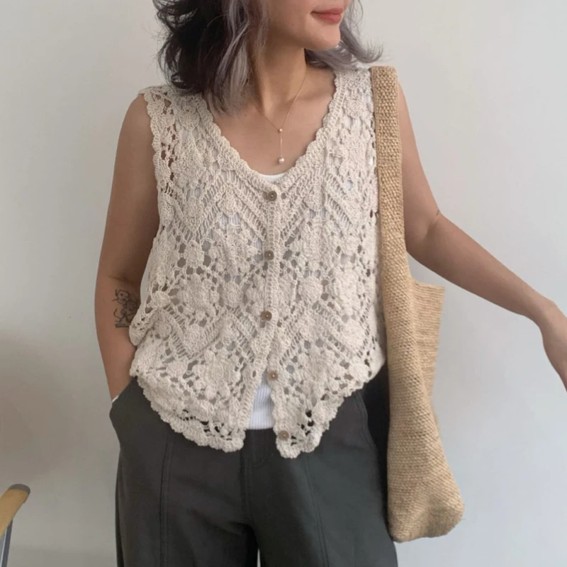 Embroidered Floral Crochet Vest for Women Hollow-out Open Knit Sleeveless Cardigan Boho Summer Festival Outfit thumbnail 3