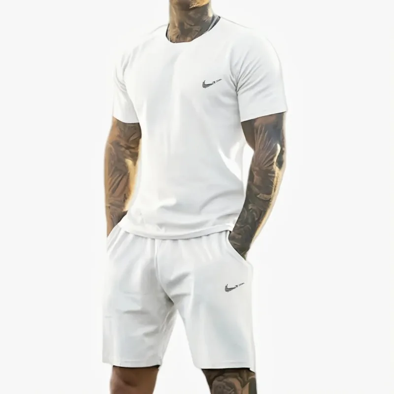 summer new men's printed short-sleeved T-shirt + shorts suit, casual sportswear, breathable outdoor casual men's T-shirt,