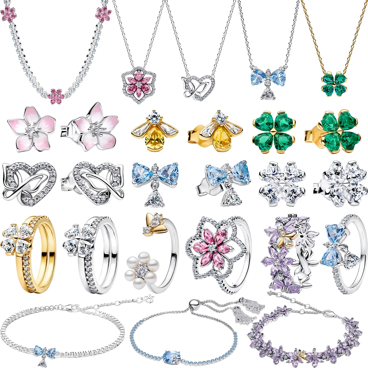 New 925 Sterling Silver Four Leaf Clover Flower Bee Ear Stud Ring Pendant Bead fit DIY Women's Bracelets Necklaces Jewelry Gifts