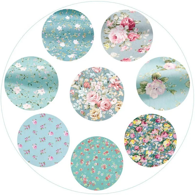 Vintage Teal Floral Fabric 8Pcs 100% Cotton Twill for Quilting, Doll Embroidery with Various Patterns DIY & Sewing Crafts thumbnail 2